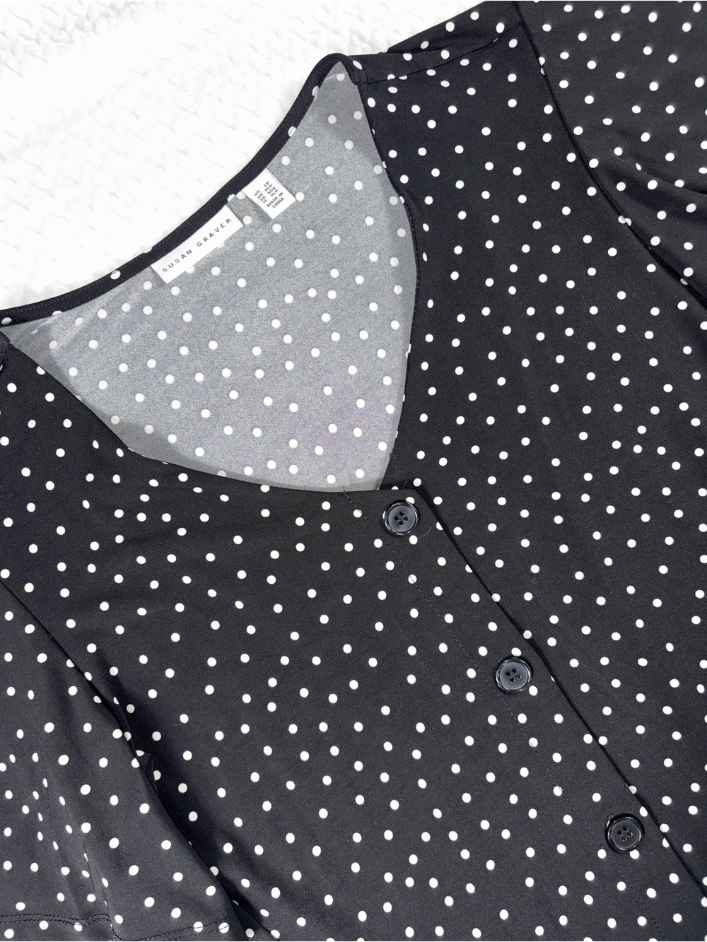 Susan Graver Liquid Knit Black White Polka Dot Button Front Dress Size Large P